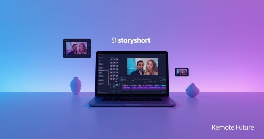 Laptop showing StoryShort AI video editor interface in a modern workspace with floating screens for content repurposing