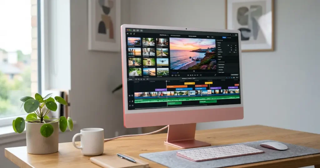 Pink Apple iMac displaying the StoryShort AI video editing dashboard on a modern desk