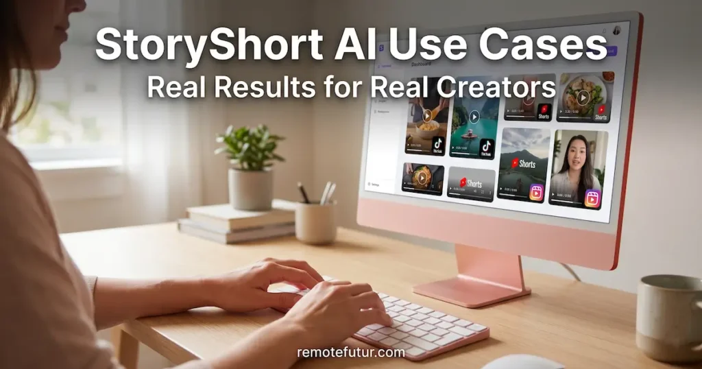 Woman using pink Apple iMac showing StoryShort AI faceless video clips ready for TikTok YouTube Shorts and Instagram Reels