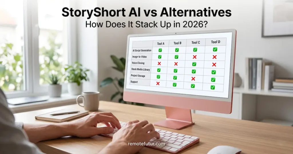 Generic comparison table of StoryShort AI faceless video tool versus alternatives on pink Apple iMac