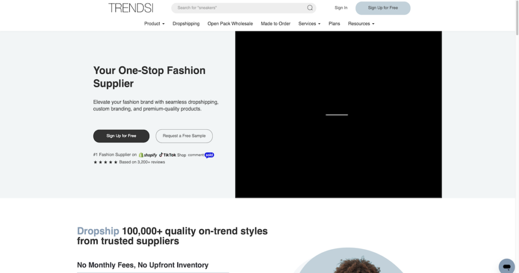 Trendsi fashion dropshipping platform homepage showing apparel sourcing tools
