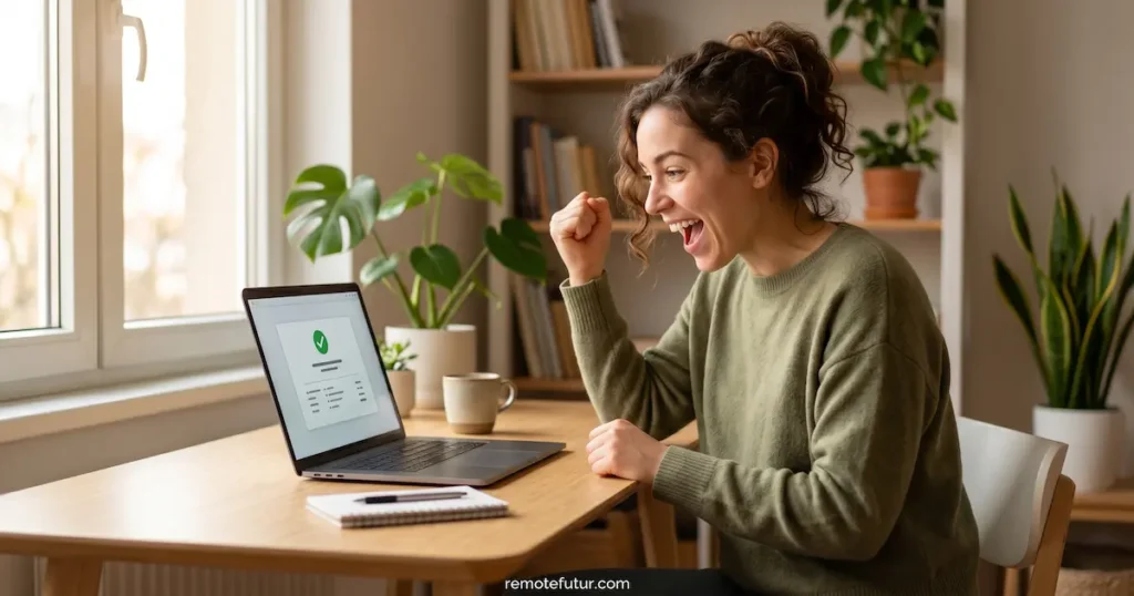 Excited entrepreneur celebrating their first online store sale on a laptop at a home office desk