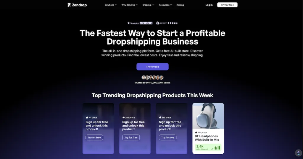 Zendrop dropshipping automation platform homepage showing fulfillment tools