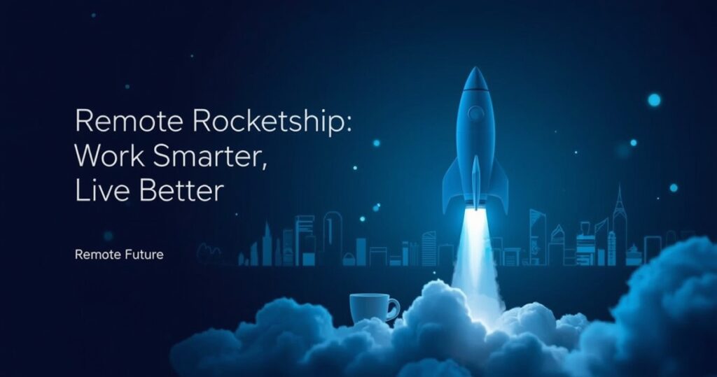 Remote Rocketship launching over a glowing blue city skyline, symbolizing remote work success and balance.