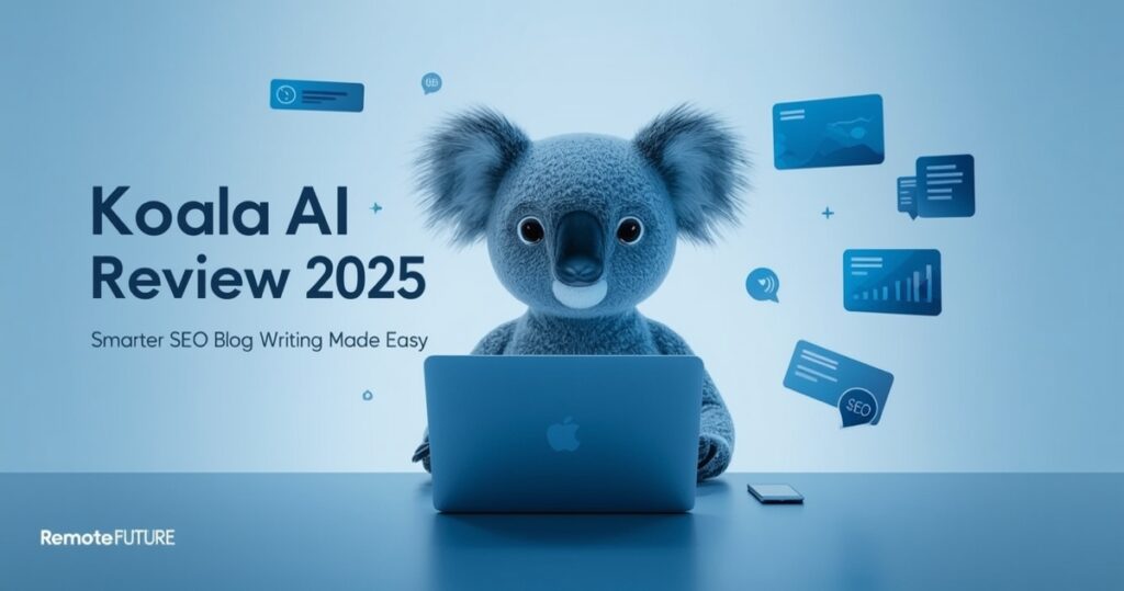 Koala AI Review 2025 featured image showing a digital koala using a laptop to write SEO blogs in a blue futuristic workspace.