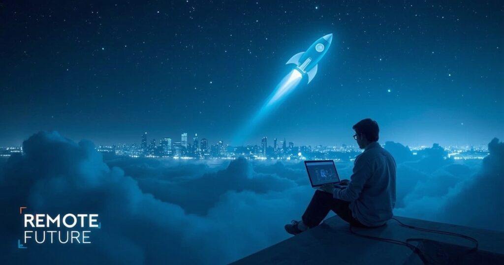 A man sitting above the clouds using a laptop, watching a glowing blue rocket launch into the starry night sky — symbolizing remote work freedom and limitless growth - Remote Rocketship