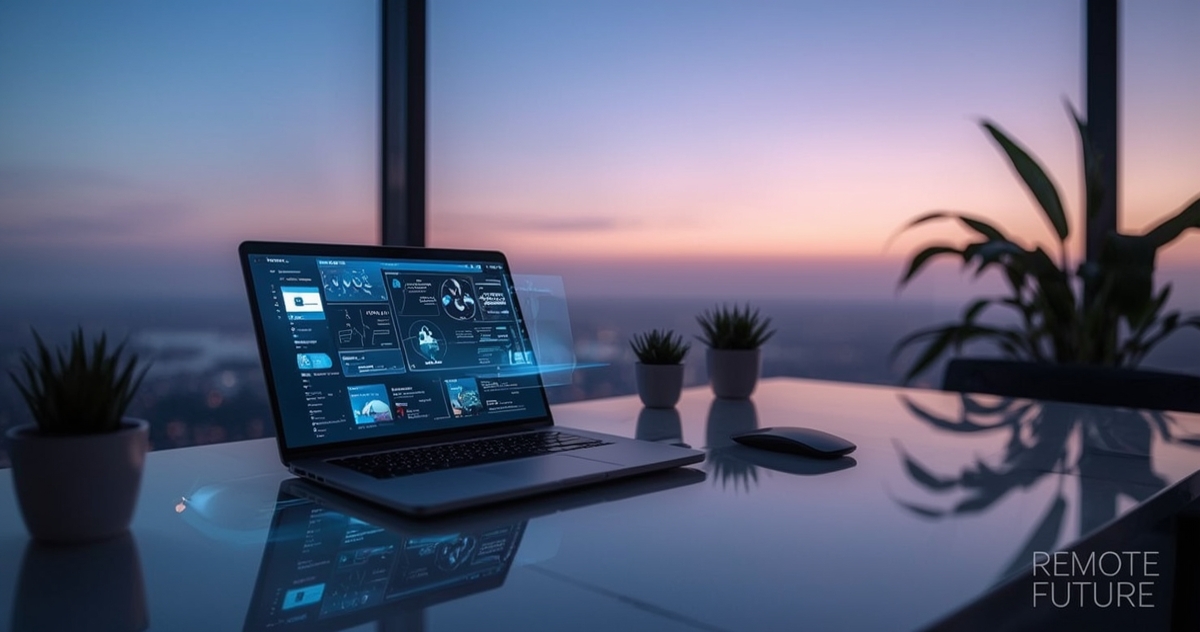 Futuristic remote work setup with a laptop displaying holographic app screens, representing AI-powered app development and productivity