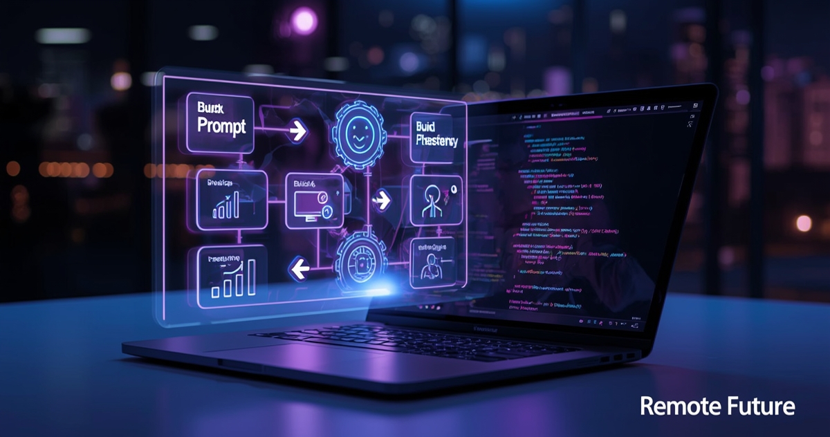 Emergent AI workflow showing prompt, build, iterate, and deploy stages in a clean futuristic interface