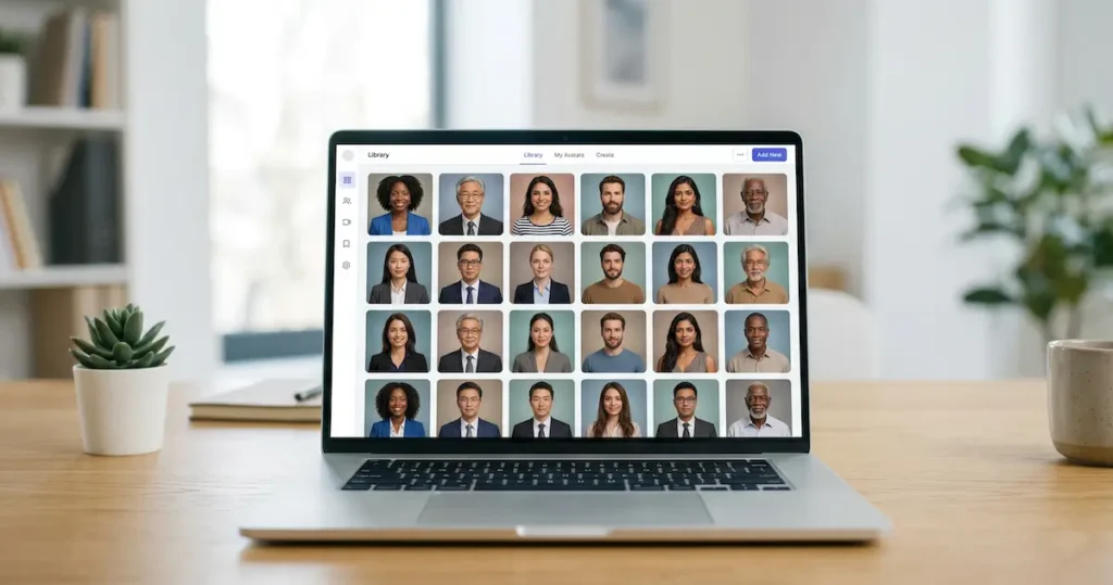 HeyGen AI Review: diverse AI avatar library displayed on a laptop screen