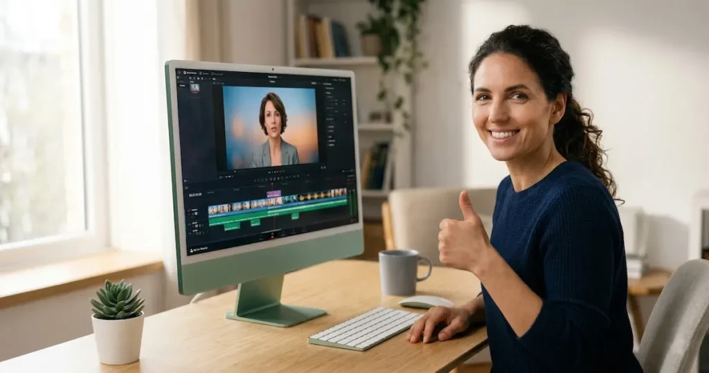 HeyGen AI Review: smiling woman giving thumbs up next to an iMac displaying a realistic AI avatar video