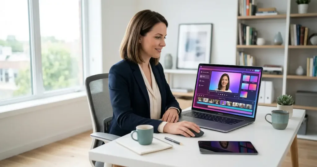 HeyGen AI Review: Woman using an AI video generator on a laptop in a modern home office