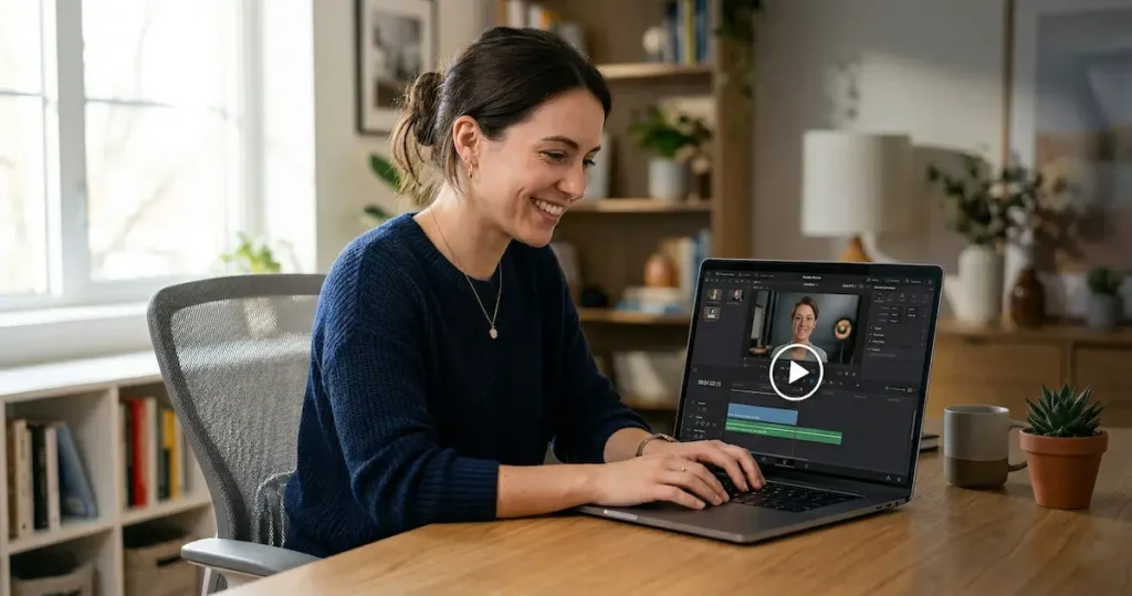 HeyGen AI Review: smiling woman looking at a completed AI avatar video on a laptop screen in a home office