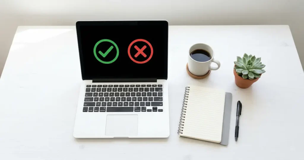 HeyGen AI Review: pros and cons shown as green checkmark and red X on a laptop screen