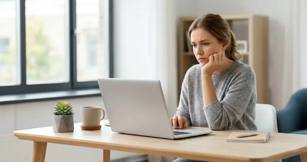 HeyGen AI Review: woman looking concerned at a laptop screen while troubleshooting a video rendering issue