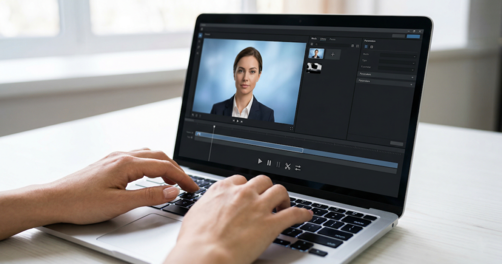 HeyGen AI Review: hands typing on a laptop editing an AI avatar video in a video editor interface