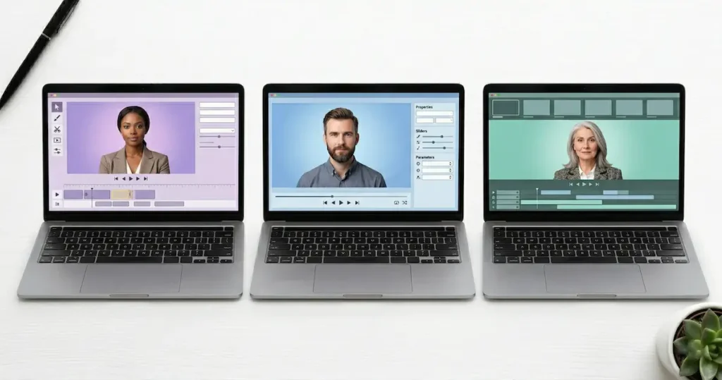 HeyGen AI Review: three laptops showing different AI avatar video tools side by side for comparison