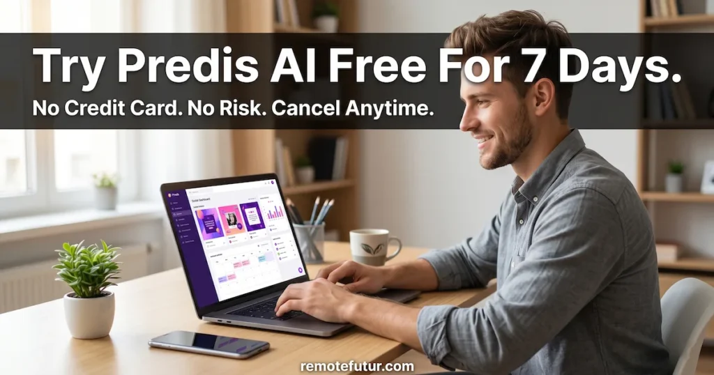 Man trying Predis AI free trial on his laptop with no credit card required