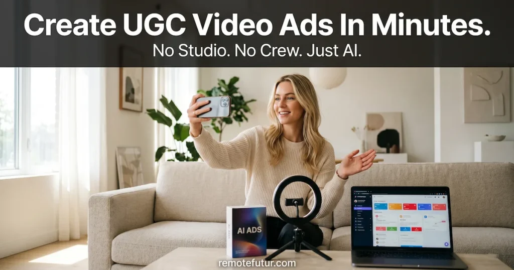 Content creator filming a UGC video ad with her phone using Predis AI