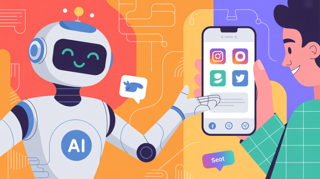 Friendly AI robot showing social media apps (Instagram, Twitter, and others) on a smartphone, symbolizing how Predis.ai helps automate social media content creation.