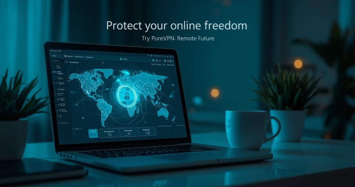 Laptop displaying global VPN security interface in a modern workspace, promoting PureVPN for secure online freedom — Remote Future