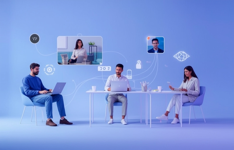 Diverse professionals collaborating online through AI tools, representing global remote work.