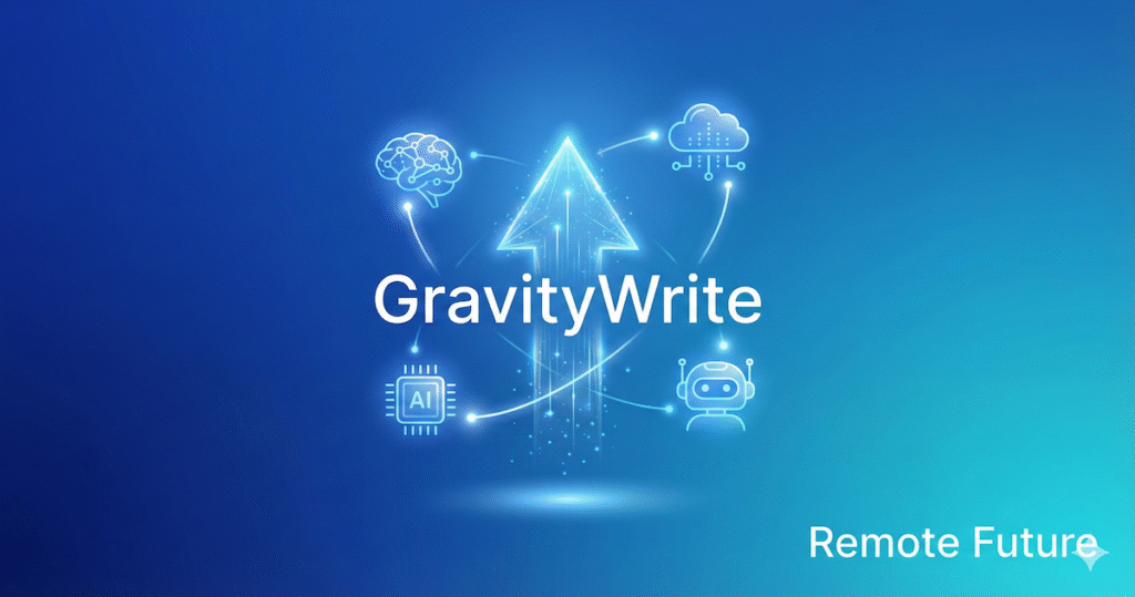 GravityWrite AI illustration with upward arrow and glowing blue tech icons on a gradient background