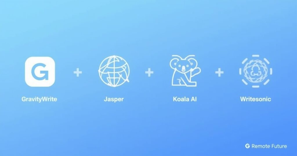 Comparison-style blue gradient illustration showing GravityWrite AI vs other AI tools using minimal icons