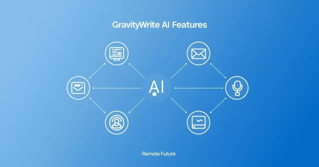 GravityWrite AI features visual diagram with blue gradient background and connected AI icons