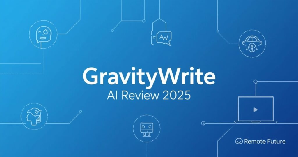 GravityWrite AI Review 2025 featured image with blue tech gradient background and AI icons
