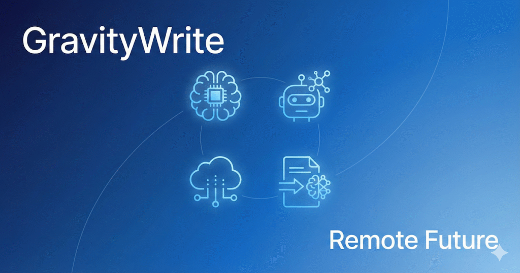 GravityWrite AI system illustration showing connected AI icons on a blue gradient background
