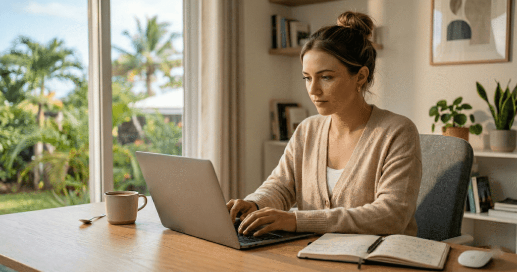 Woman typing on a laptop at a bright home office desk, researching whether Undetectable AI is worth it for content creators