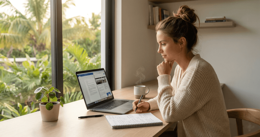 Woman reviewing AI-generated content on a laptop while taking notes, asking is Undetectable AI worth it for her writing workflow