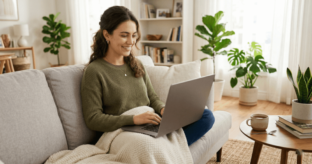 Smiling woman using a laptop on a couch at home, representing a content creator deciding if Undetectable AI is worth it for their workflow