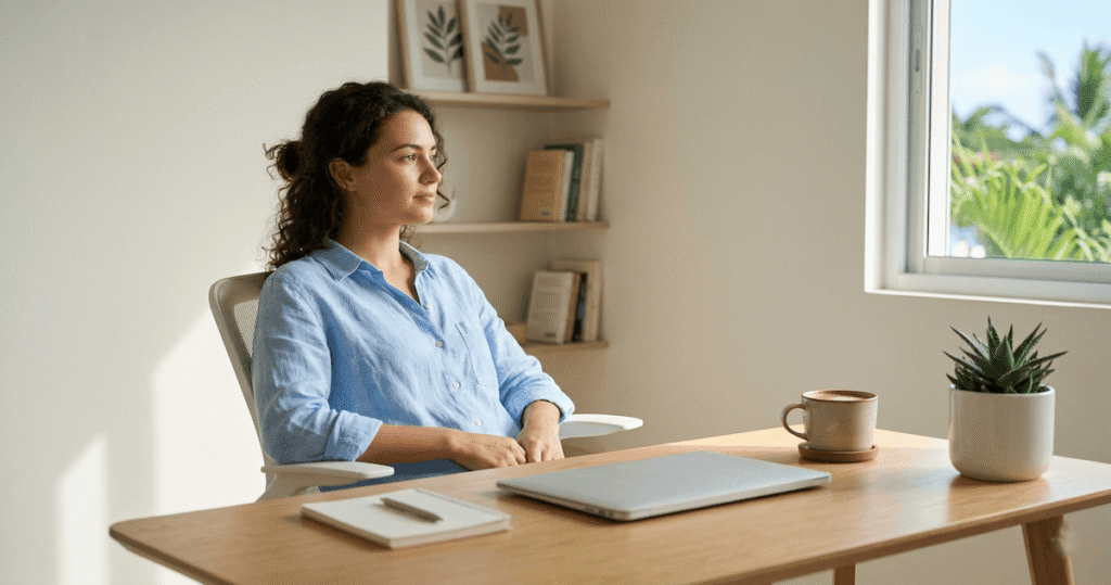 Woman sitting at a clean home office desk looking thoughtfully out the window, reflecting on whether Undetectable AI is worth it for her content workflow