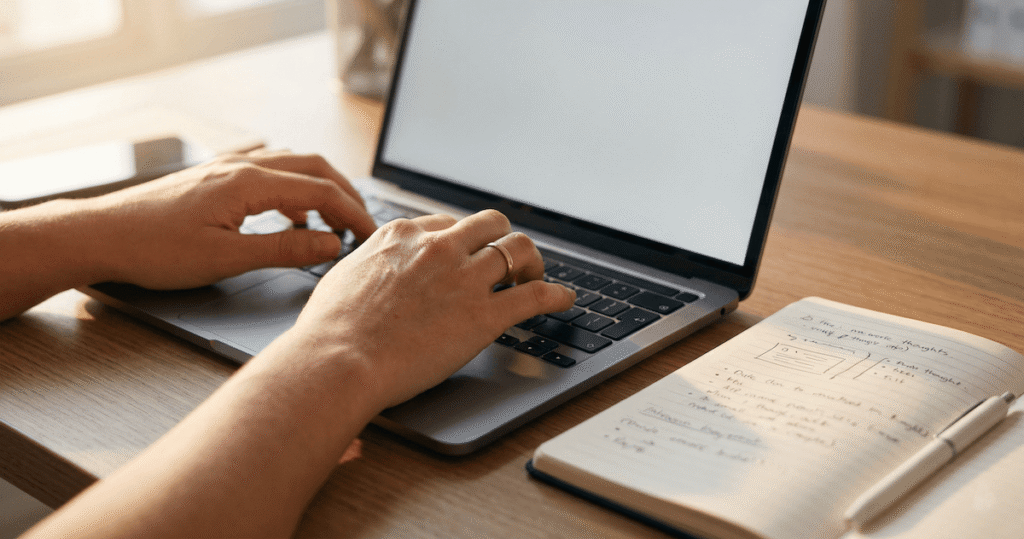 Close-up of hands typing on a laptop with handwritten notes beside it, showing is Undetectable AI worth it for polishing AI-written content