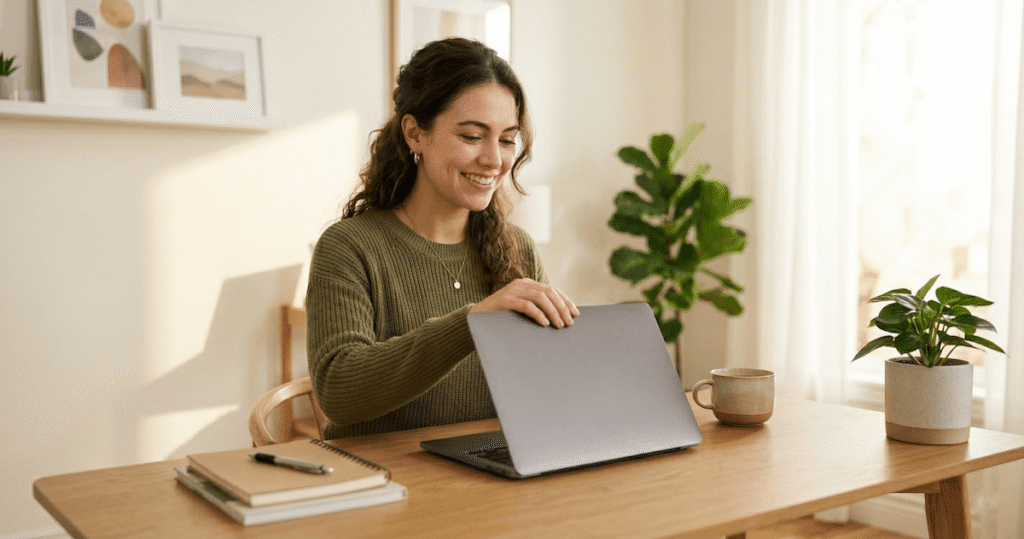 Smiling woman closing a laptop at a home office desk, satisfied after publishing content, illustrating why Undetectable AI is worth it for remote creators