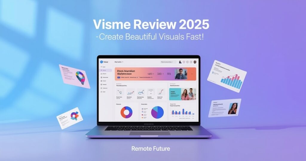 Laptop showing a colorful dashboard with floating charts and visuals on a blue and purple gradient background for the Visme Review 2025 article