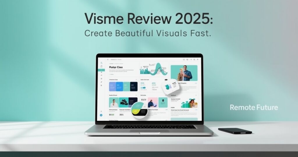 Visme Review 2025 featured image with a teal and mint gradient background, laptop showing a design dashboard, and floating charts and visual elements.