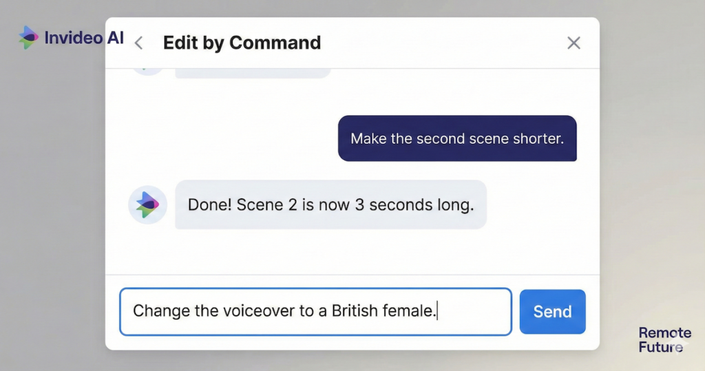 Invideo AI edit by command feature showing text-based VoiceOver adjustment.