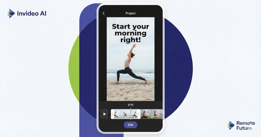 Invideo AI mobile interface creating a vertical social media video with text overlay.
