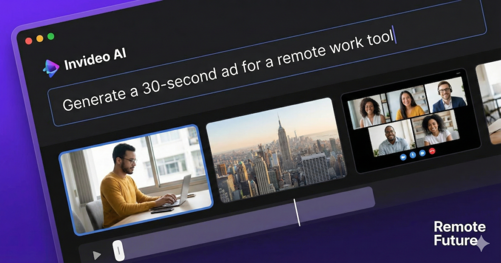 Invideo AI generating a 30-second remote work video ad using text-to-video automation.
