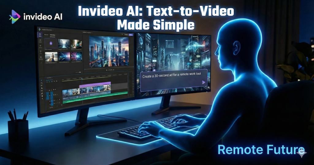 Invideo AI review featured image showing text-to-video editing on dual monitors.