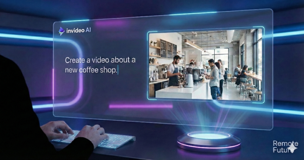 Invideo AI creating a video from a text prompt about a new coffee shop