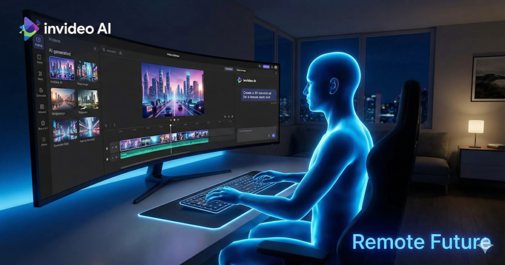 Invideo AI video editor interface showing a futuristic workflow on a curved monitor at night.