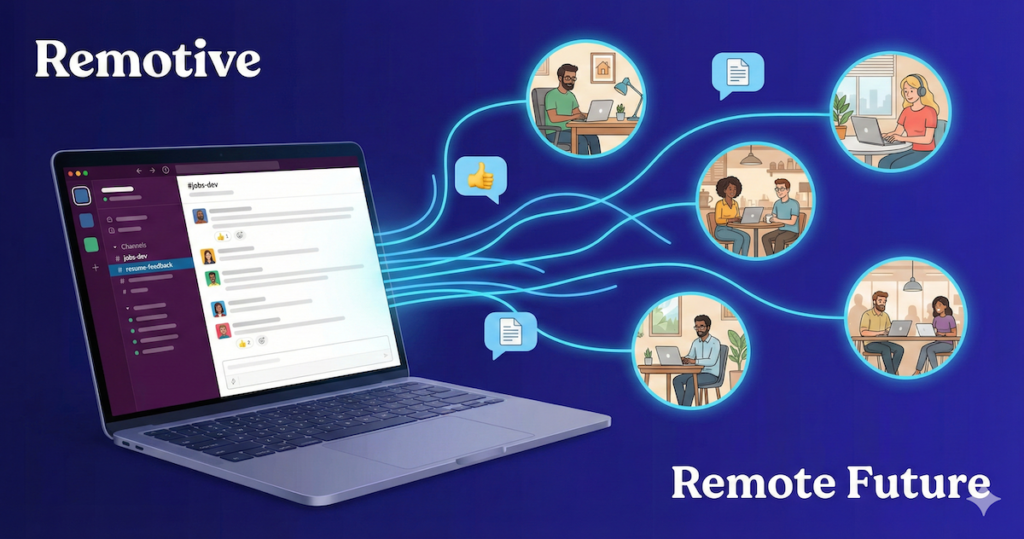 Laptop showing the Remotive Slack community with remote workers networking in chat channels.