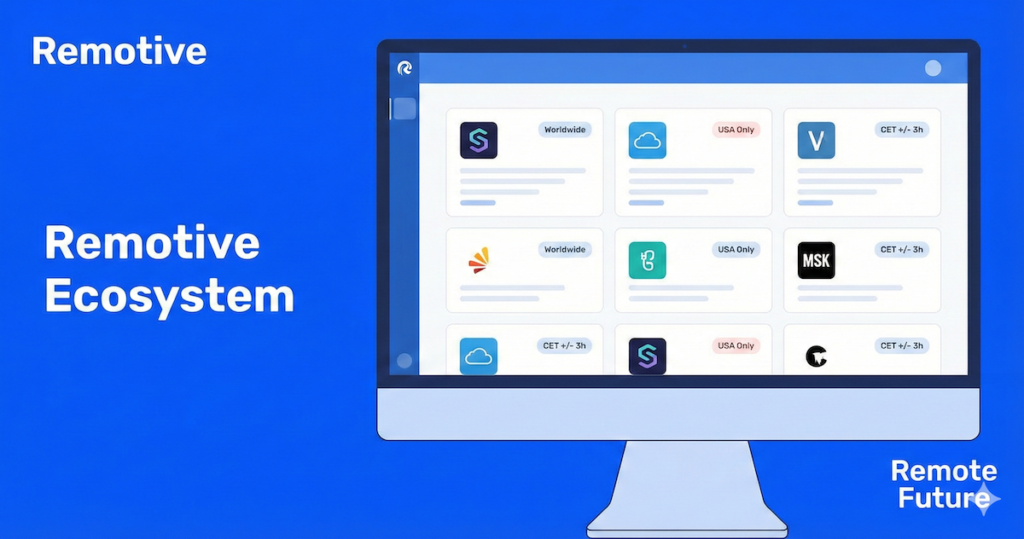 Remotive remote job ecosystem displayed on a desktop screen with worldwide and region-based job filters.