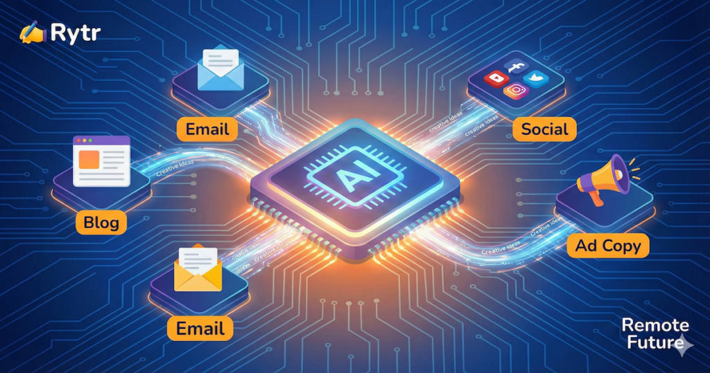 Diagram showing Rytr AI generating content for blogs, emails, social media, and ad copy.