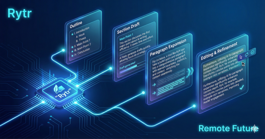 Rytr AI long-form writing workflow showing outline, section drafting, paragraph expansion, and editing steps