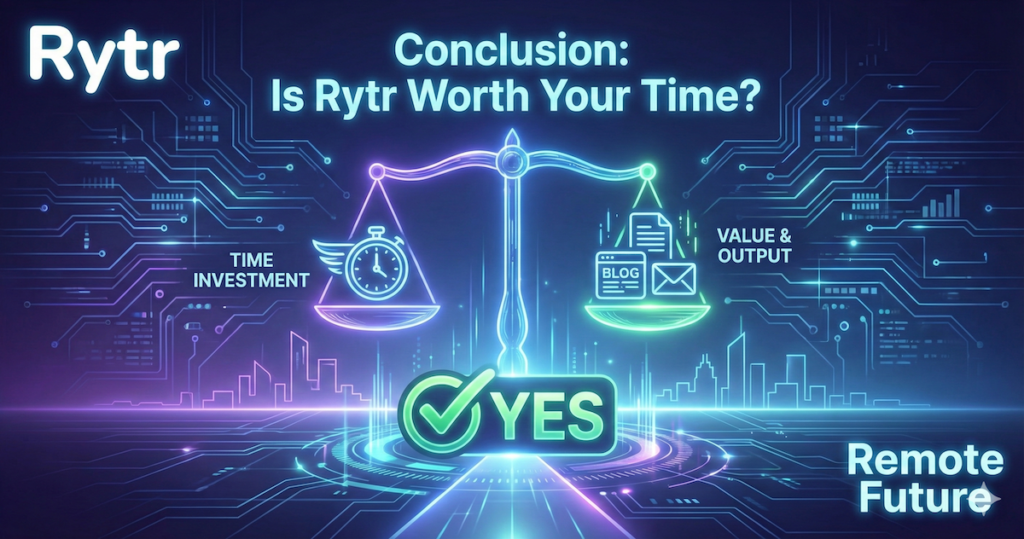 Final Rytr review verdict showing a balanced scale of time investment versus content value with a positive conclusion