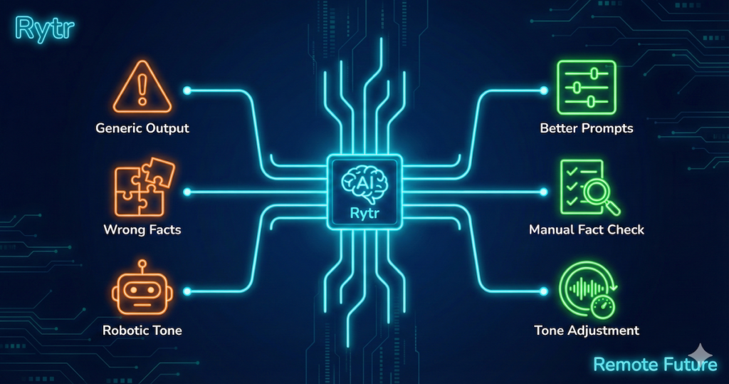 Rytr troubleshooting diagram showing common issues like generic output and wrong facts with practical solutions